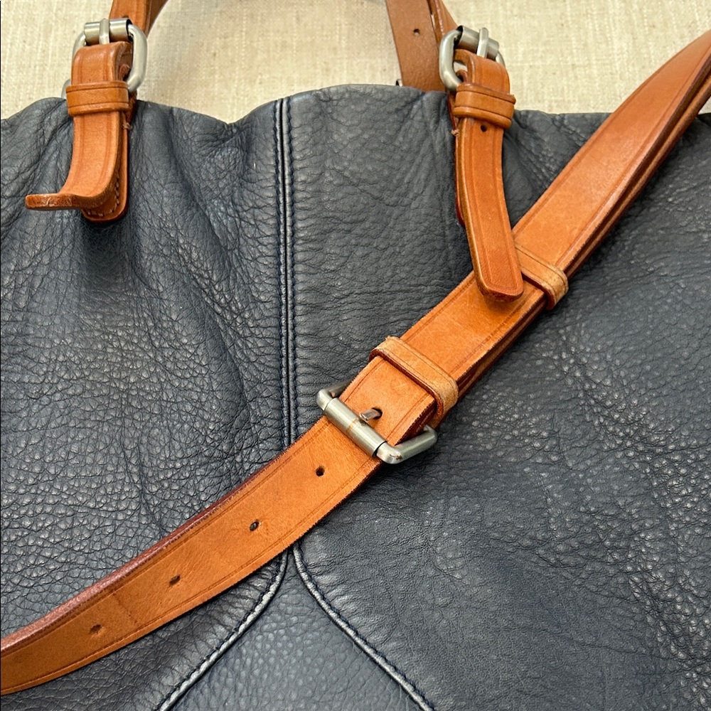 Christopher Kon Crossbody Bag Blue Leather Large Travel Tan Buckles - Picture 3 of 16